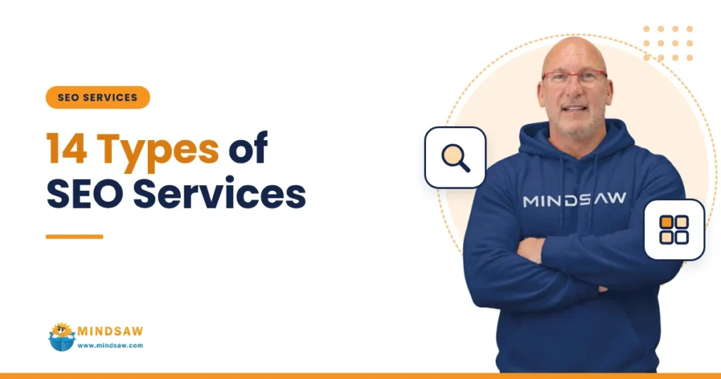 Blog cover: 14 types of SEO services, with Bret Moleta in a Mindsaw hoodie and search and grid icons
