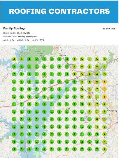 Family Roofing local geo-grid map for 'roofing contractors' in Anderson, SC, September 2026