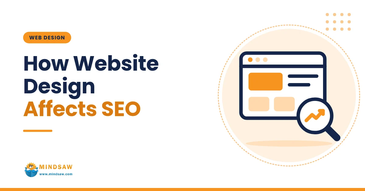 Blog cover: How website design affects SEO, with a browser window and magnifier icon