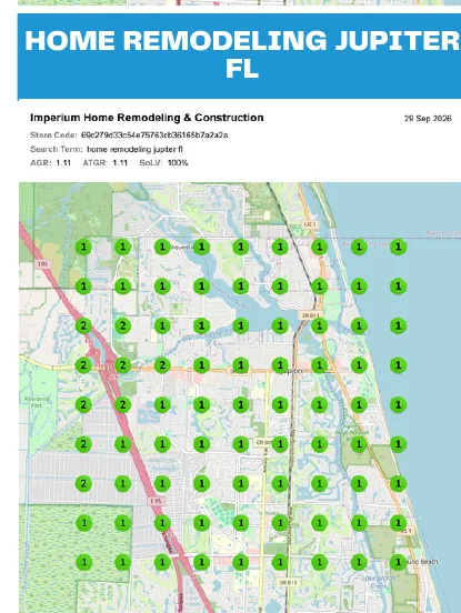 Imperium Homes local geo-grid map for 'home remodeling jupiter fl', September 2026