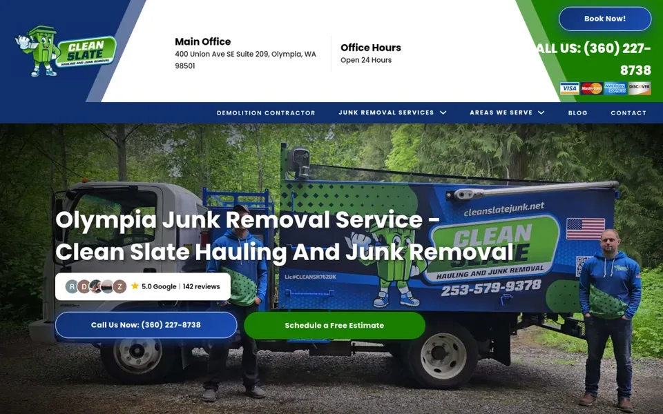 Homepage of the Clean Slate Junk Removal website, designed by Mindsaw