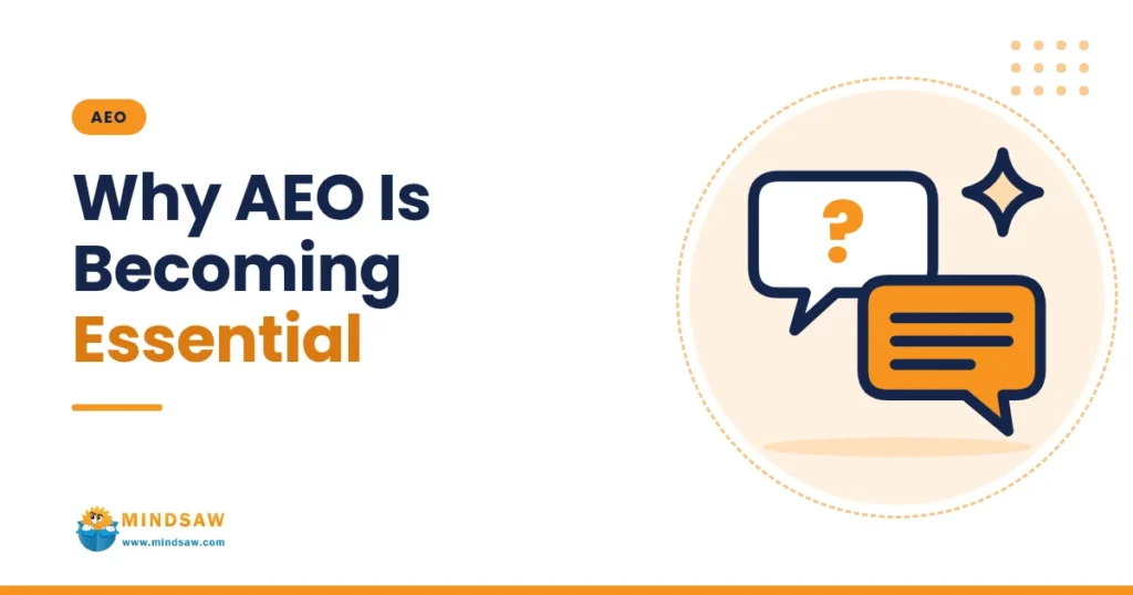 Blog cover: Why AEO is becoming essential, with question and answer chat bubble icons