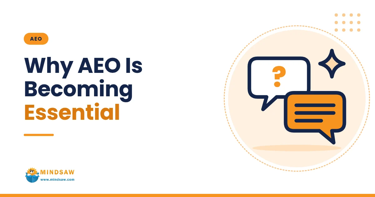 Blog cover: Why AEO is becoming essential, with question and answer chat bubble icons